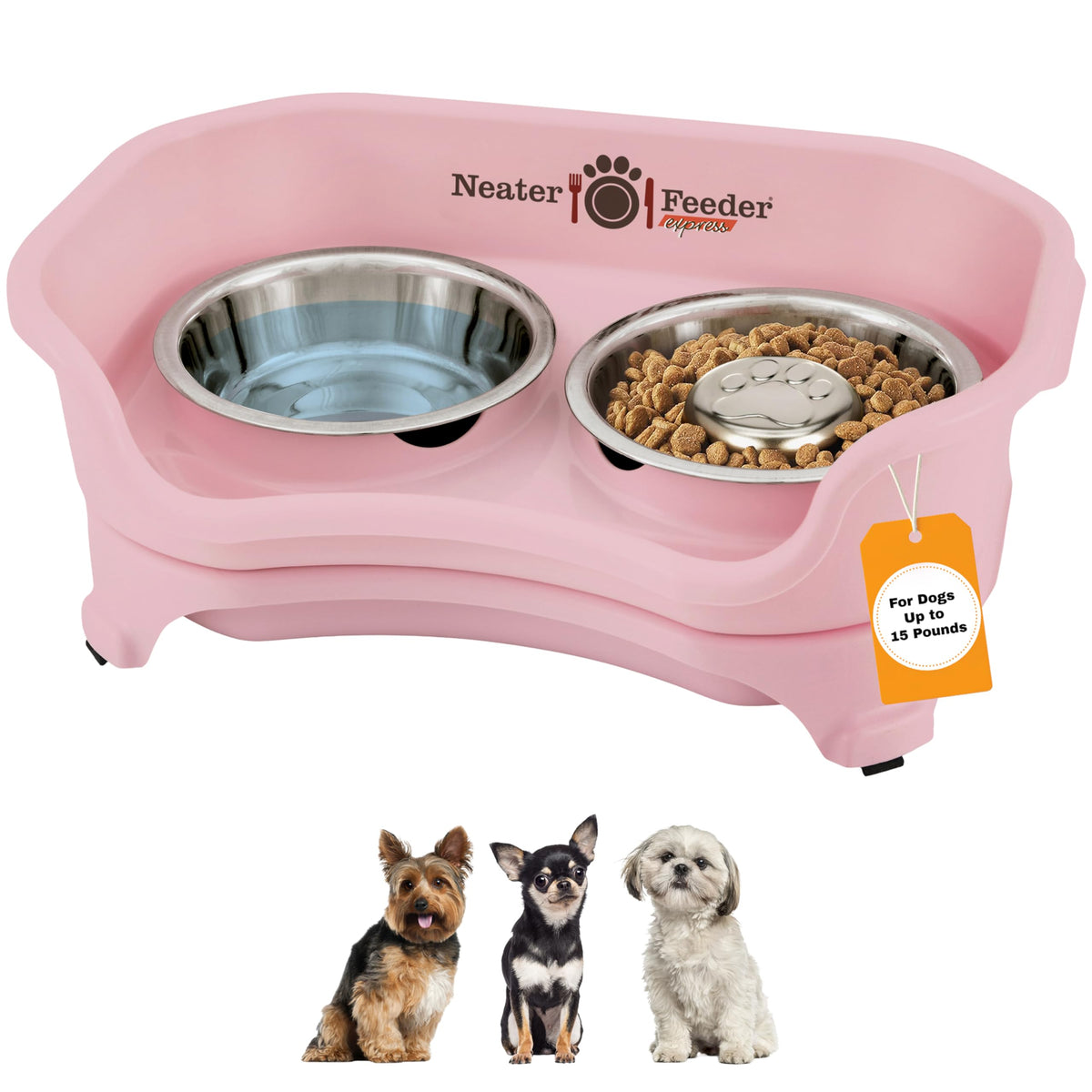 Neater Feeder Express Mess Proof Dog Bowls Elevated for Small Breeds under 15 Lb, Made in USA, No Spill Raised Dog Food Bowl Stand, Stainless Steel Food and Water Bowl Set, Feeding Station, Cappuccino