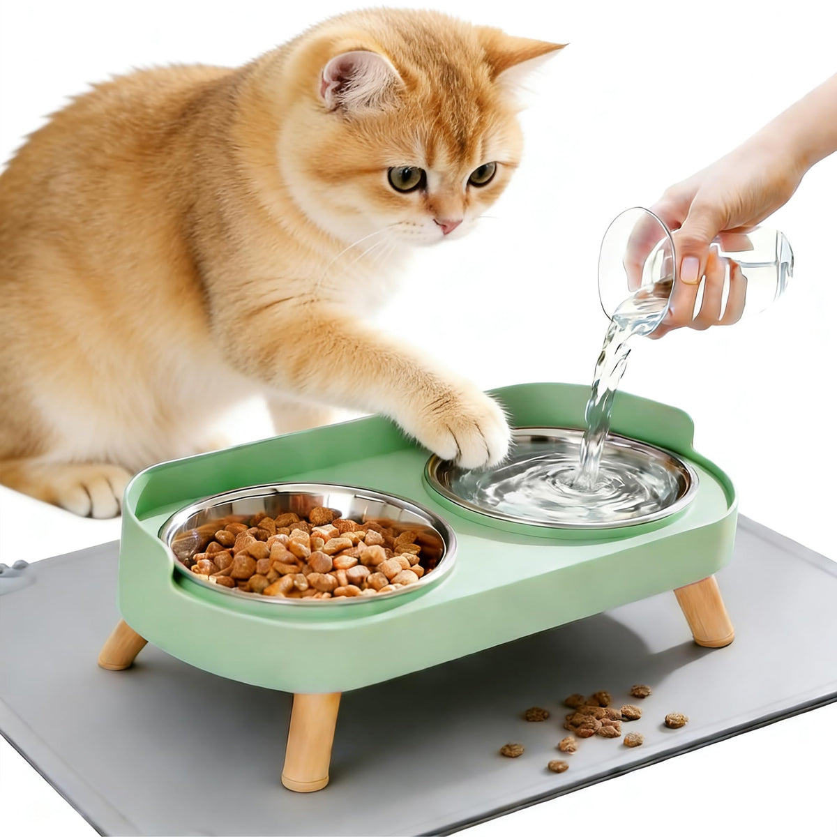 Elevated Cat Bowls with Food Mat, Splash Proof Anti Vomiting Raised Cat Food and Water Bowl Set, 2 Stainless Steel Dishes for Cats and Puppy, Pet Bowl for Indoor Cats White