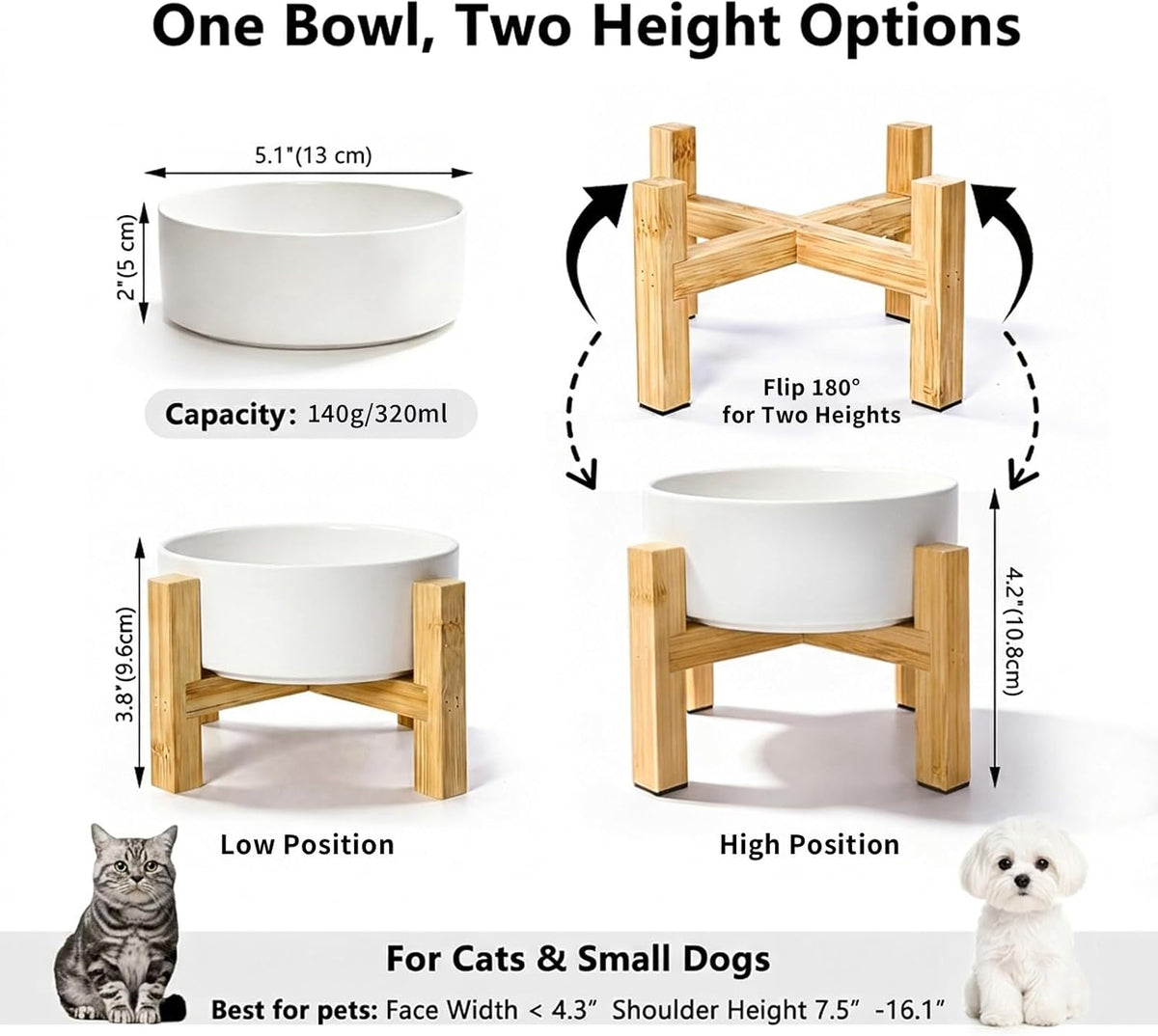 Cat Water Bowl - Elevated Cat Bowls | Ceramic Raised Cat Bowl with Adjustable Bamboo Stand | Anti Vomiting Cat Food Bowl for Indoor Cats, Kittens & Small Dogs | Dishwasher Safe | 5.1" Cat Dish| White