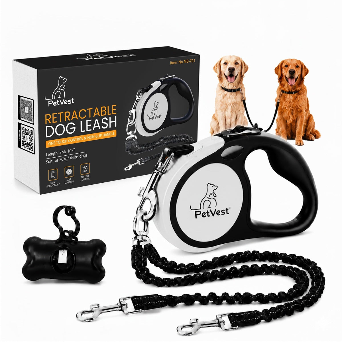 Dual Retractable Dog Leash,10 FT Tangle-Free Leash for 2 Dogs, Detachable for Single Use,One-Button Brake & Lock, Up to 44 lbs Each, 360° Swivel, Non-Slip Handle + Poop Bag Holder (Grey)