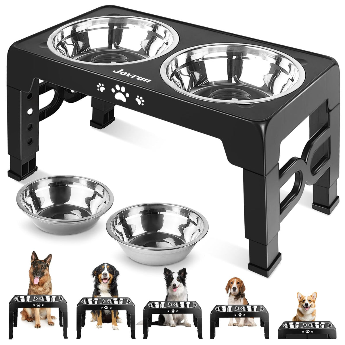 Jovrun Elevated Dog Bowls for Small Dogs and Cats, Non-Slip Cat Bowls with 2 Thick 5.5" Stainless Steel Dishes, Dog Feeder 2 Heights Adjustable to 2.6"-5.3"