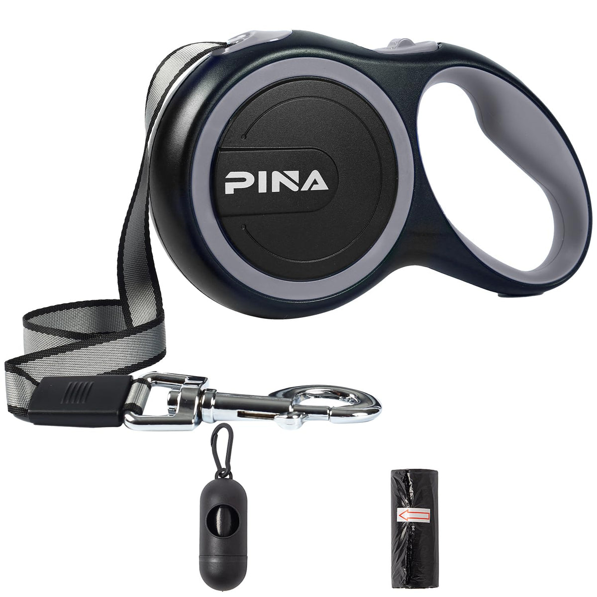 PINA Retractable Dog Leash, 26ft Dog Leash for Small Medium Large Dogs Up to 110lbs, 360° Tangle-Free Strong Reflective Nylon Tape, with Anti-Slip Handle, One-Handed Brake, Lock - Black Blue
