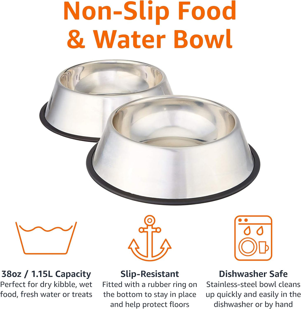 Amazon Basics Stainless Steel Non-Skid Dog Water And Food Bowls, Dishwasher Safe, Rust Resistant, 38oz Capacity, 10 x 2.8 Inches, 2-Pack
