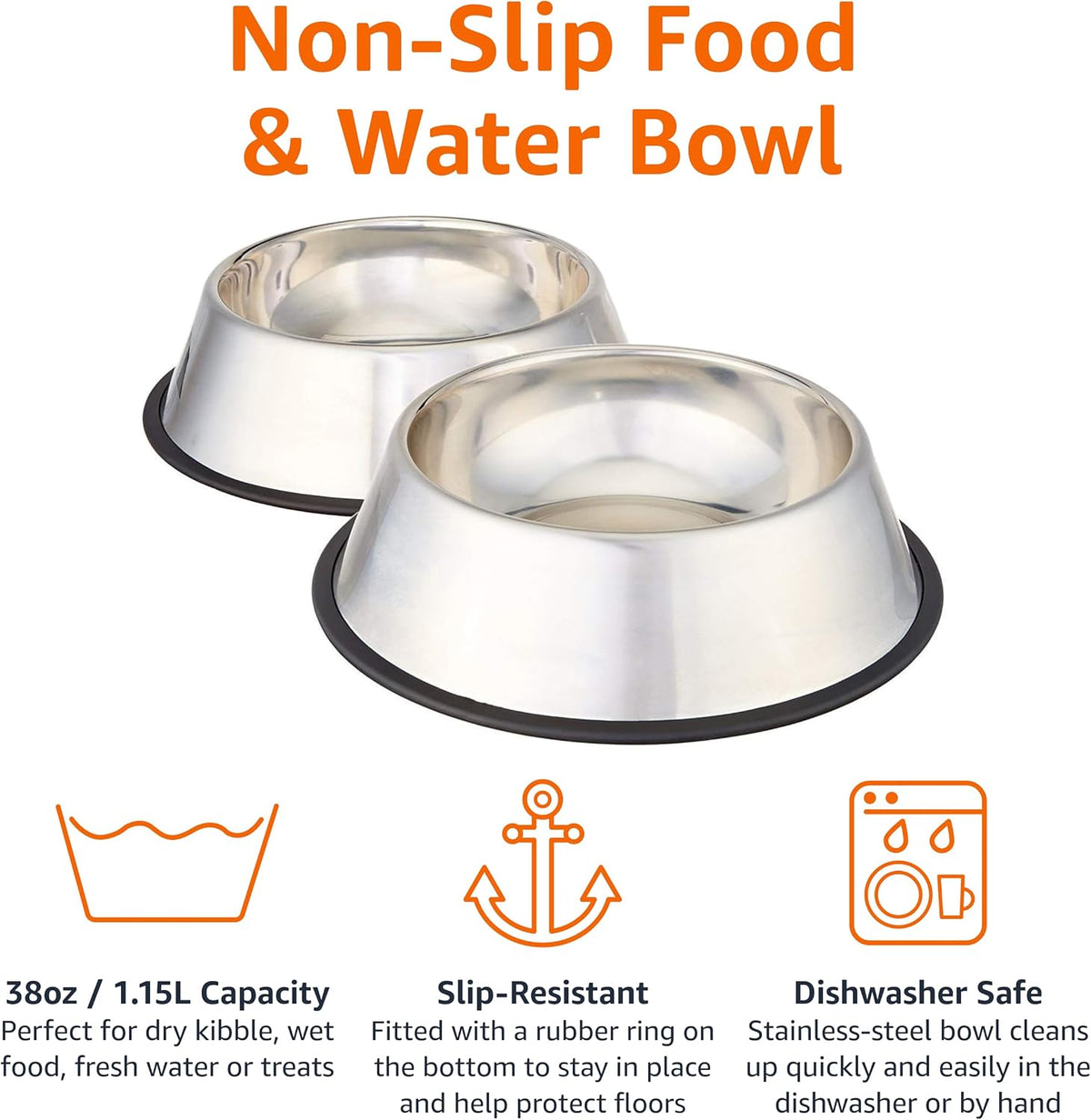 Amazon Basics Stainless Steel Non-Skid Dog Water And Food Bowls, Dishwasher Safe, Rust Resistant, 38oz Capacity, 10 x 2.8 Inches, 2-Pack