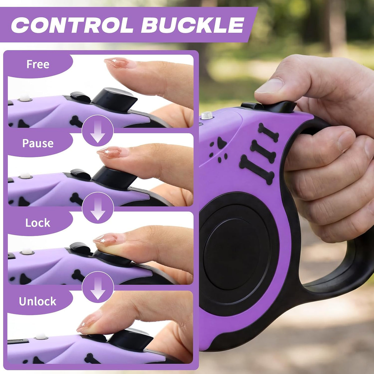 Retractable Dog Leash with USB Rechargeable Flashlight, Purple