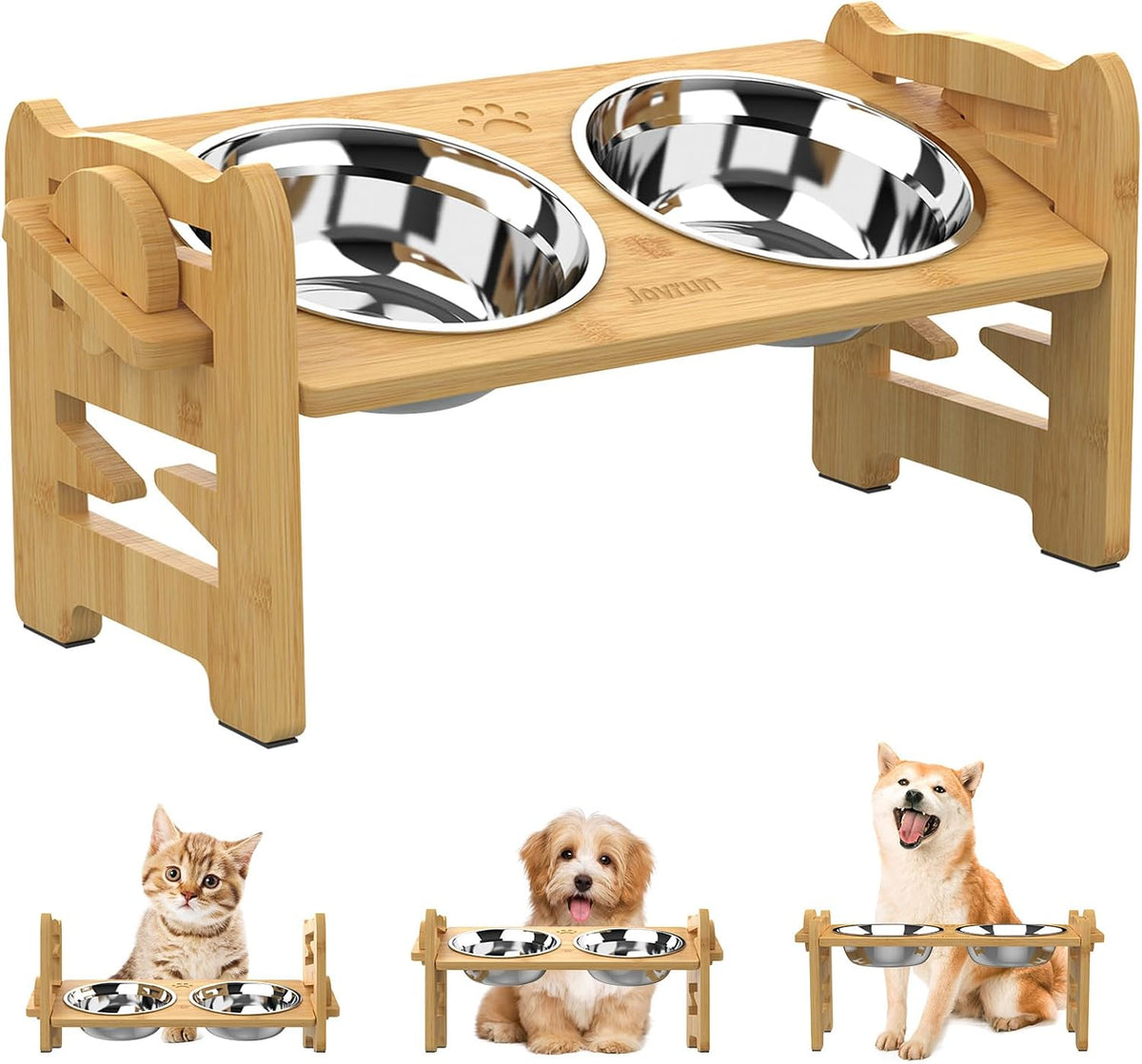 Jovrun Elevated Dog Bowls, Adjustable Raised Dog Bowl Stand for Small Size Dogs and Cats, 15°Tilted Elevated Cat Bowls, Durable Bamboo Dogs Feeder with 2 Stainless Steel Bowls and Non-Slip Feet