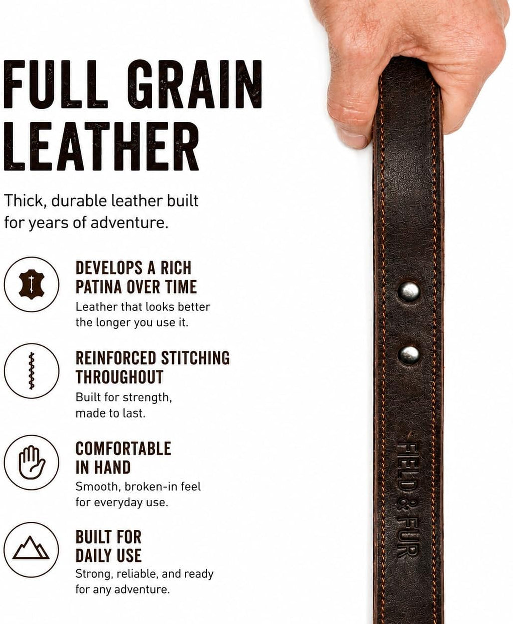 FIELD & FUR Full Grain Leather Dog Leash — Heavy Duty Brown Flat Leather Lead, 5 FT Long, 3/4" Wide, Solid Metal Hardware, for Walking, Training & Hiking with Medium & Large Dogs