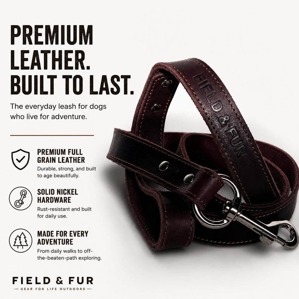 FIELD & FUR Full Grain Leather Dog Leash — Heavy Duty Brown Flat Leather Lead, 5 FT Long, 3/4" Wide, Solid Metal Hardware, for Walking, Training & Hiking with Medium & Large Dogs