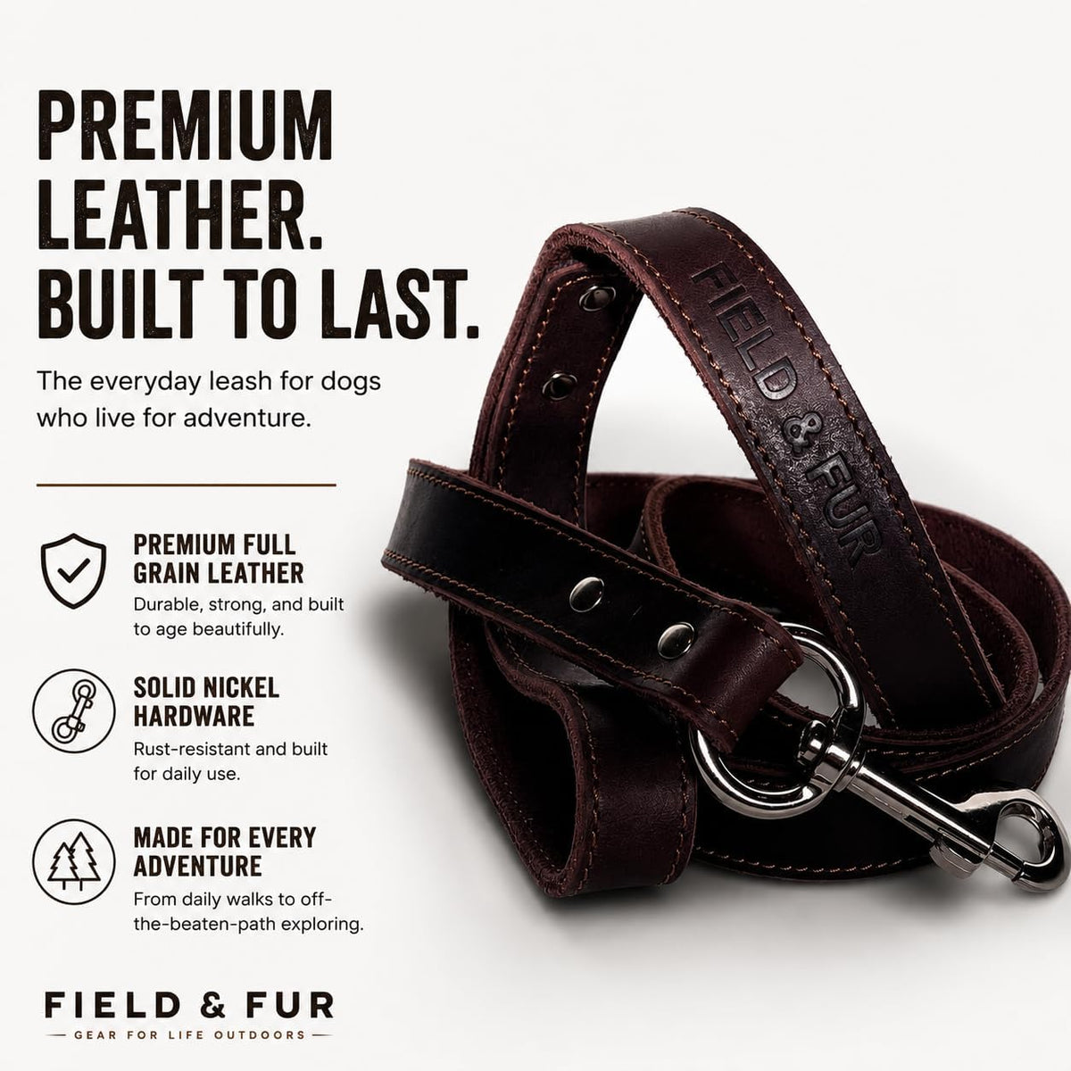 FIELD & FUR Full Grain Leather Dog Leash — Heavy Duty Brown Flat Leather Lead, 5 FT Long, 3/4" Wide, Solid Metal Hardware, for Walking, Training & Hiking with Medium & Large Dogs
