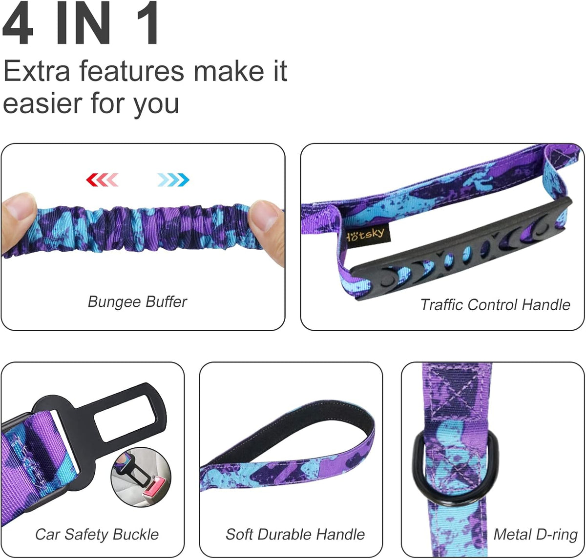 Hotsky Tactical Bungee Shock Absorbing No Pull Dog Leash,Purple Camo,4-6FT