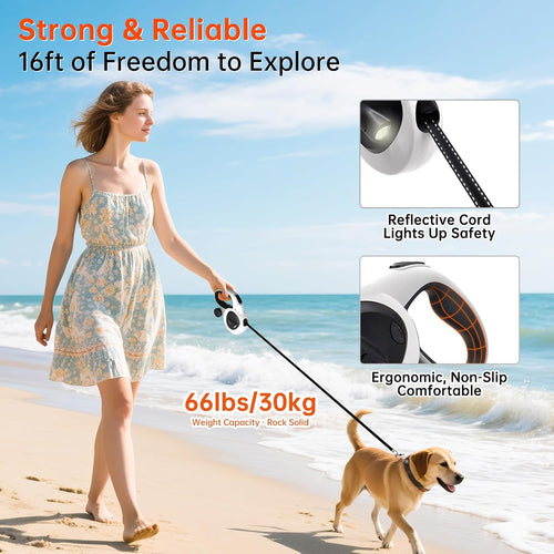 16Ft Retractable Dog Leash with LED Light, Heavy Duty Leash for Medium Dogs (20–66 lbs), 360° Tangle-Free, Built-in Poop Bag Dispenser