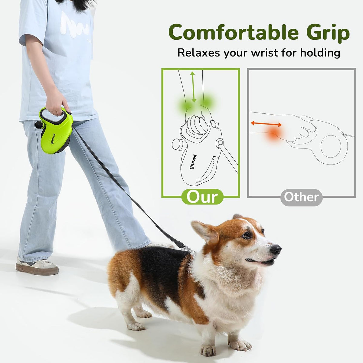 Pecute 32ft Retractable Dog Leash with Reflective Strips, 360° Tangle-Free, One-Button Control & Sturdiness Nylon Material, Long Leash Retractable with Poop Bag Holder for Medium Large Dog