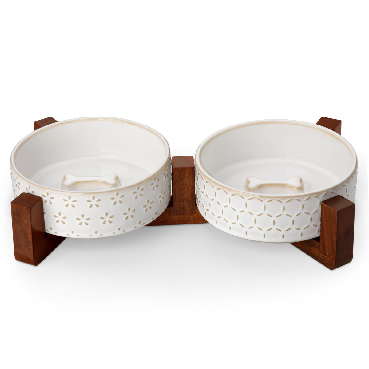 MALACASA Dog Bowl Set, Ceramic Bowls with Walnut Wood Stand, 2 Cups