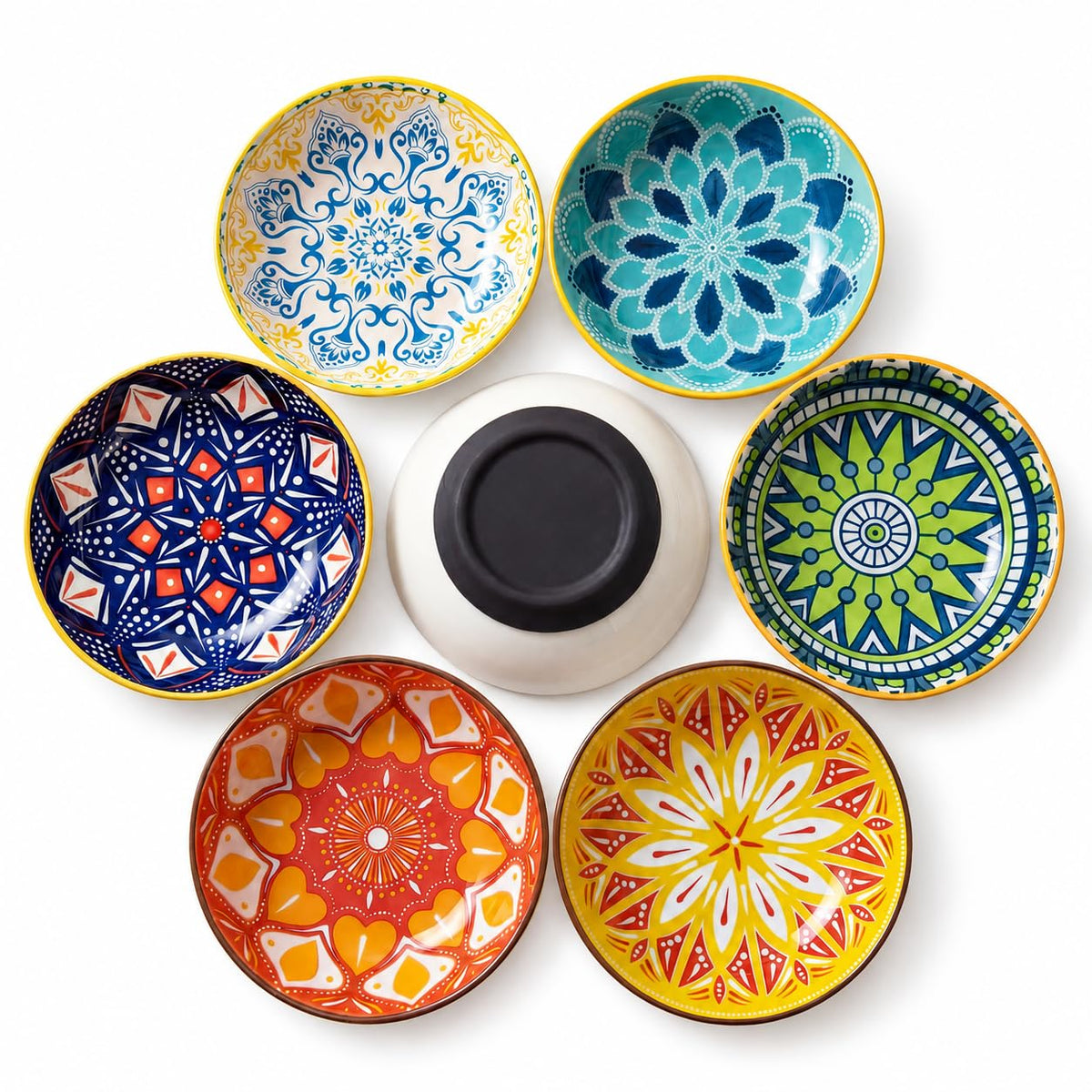 Ceramic Cat Bowls Set of 6 - Colorful Cute Shallow Cat Dishes - Great for Multi-Pet Homes - 5.6 Inch, Whisker Friendly and Wide - Microwave & Dishwasher Safe - 5.3 oz (185 ml)