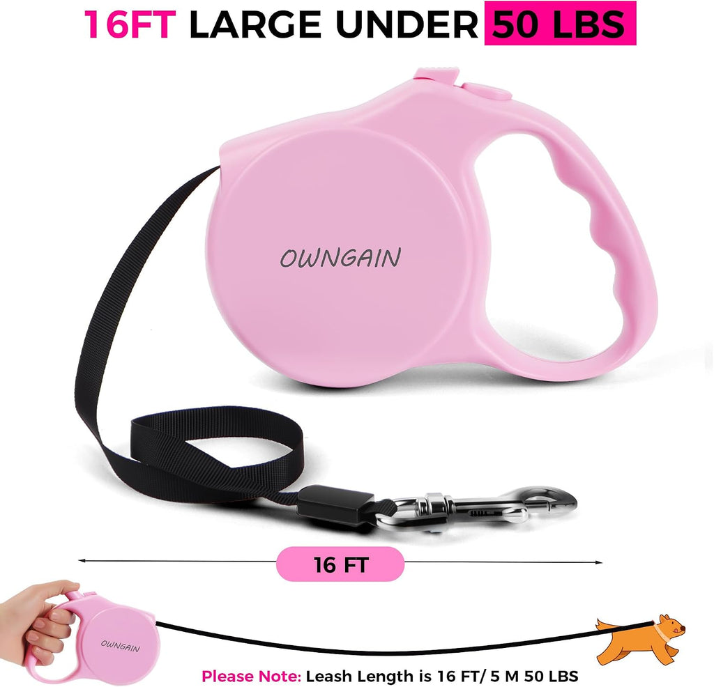 Pink Retractable Dog Leash,Strong Nylon Tape-One-Handed One Button Lock for Puppy, Cat, Pet Walking and Training,16ft Dog Walking Leash with 360°Tangle-Free Design,Anti-Slip Handle (Pink -Small)