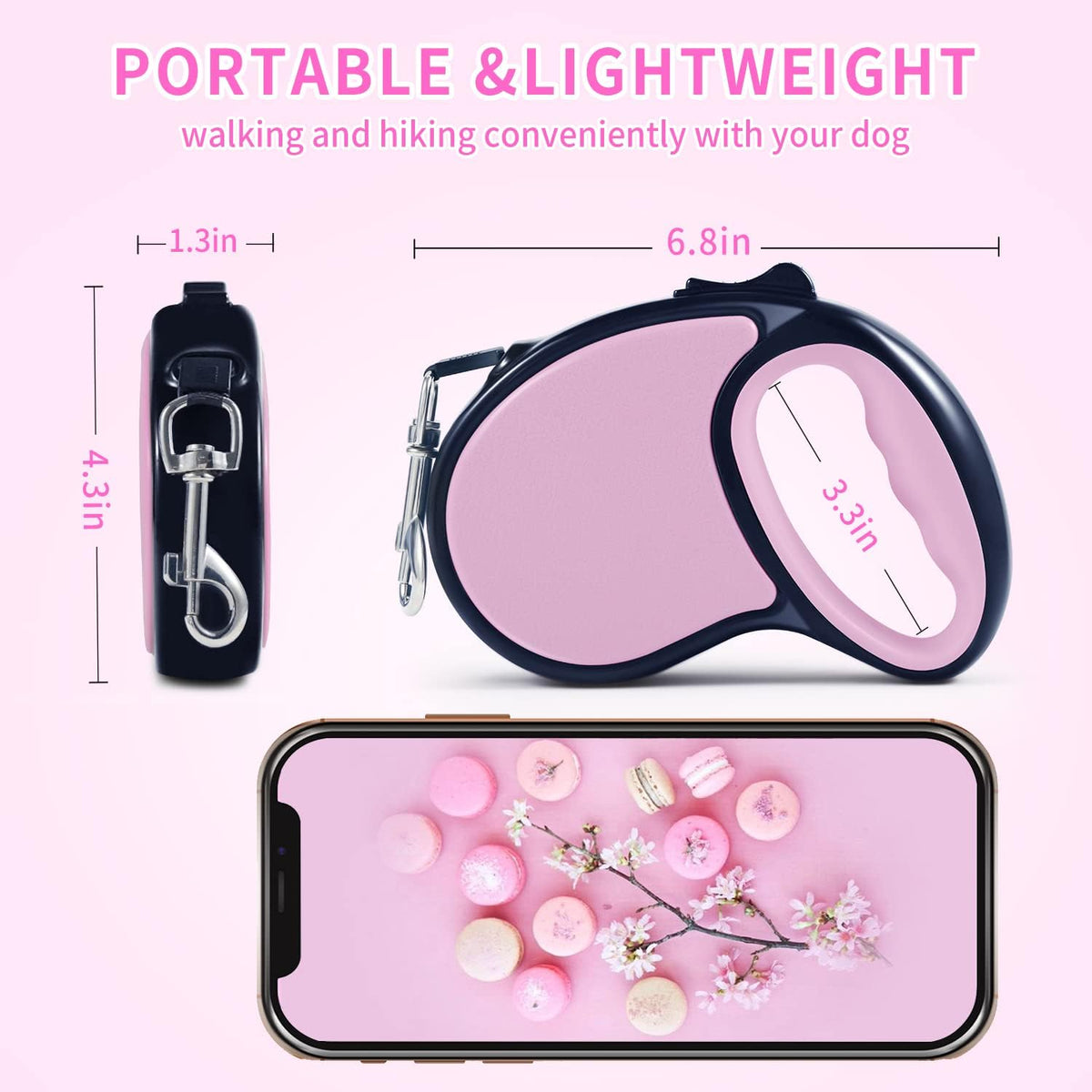Retractable Dog Leash 16Ft/5M for Small Medium Dogs, Pink