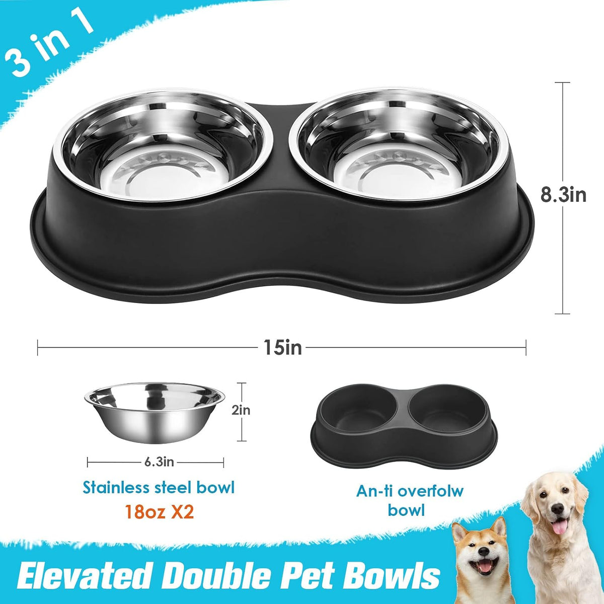 Epetslove Stainless Steel Dog Bowls Double Non-Slip Dog Water and Food Bowl