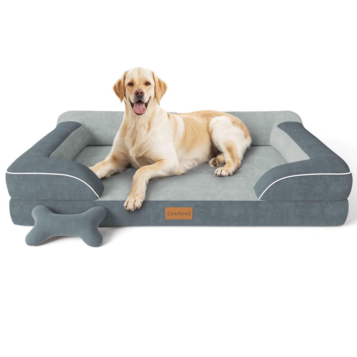 CWAWZ Extra Large Dog Bed, Orthopedic Dog Bed with Cooling Gel Memory Foam, Waterproof XL Pet Bed with Removable Washable Cover, 42" Pet Sofa Couch Dutch Velvet with Bone Toy, Light Gray