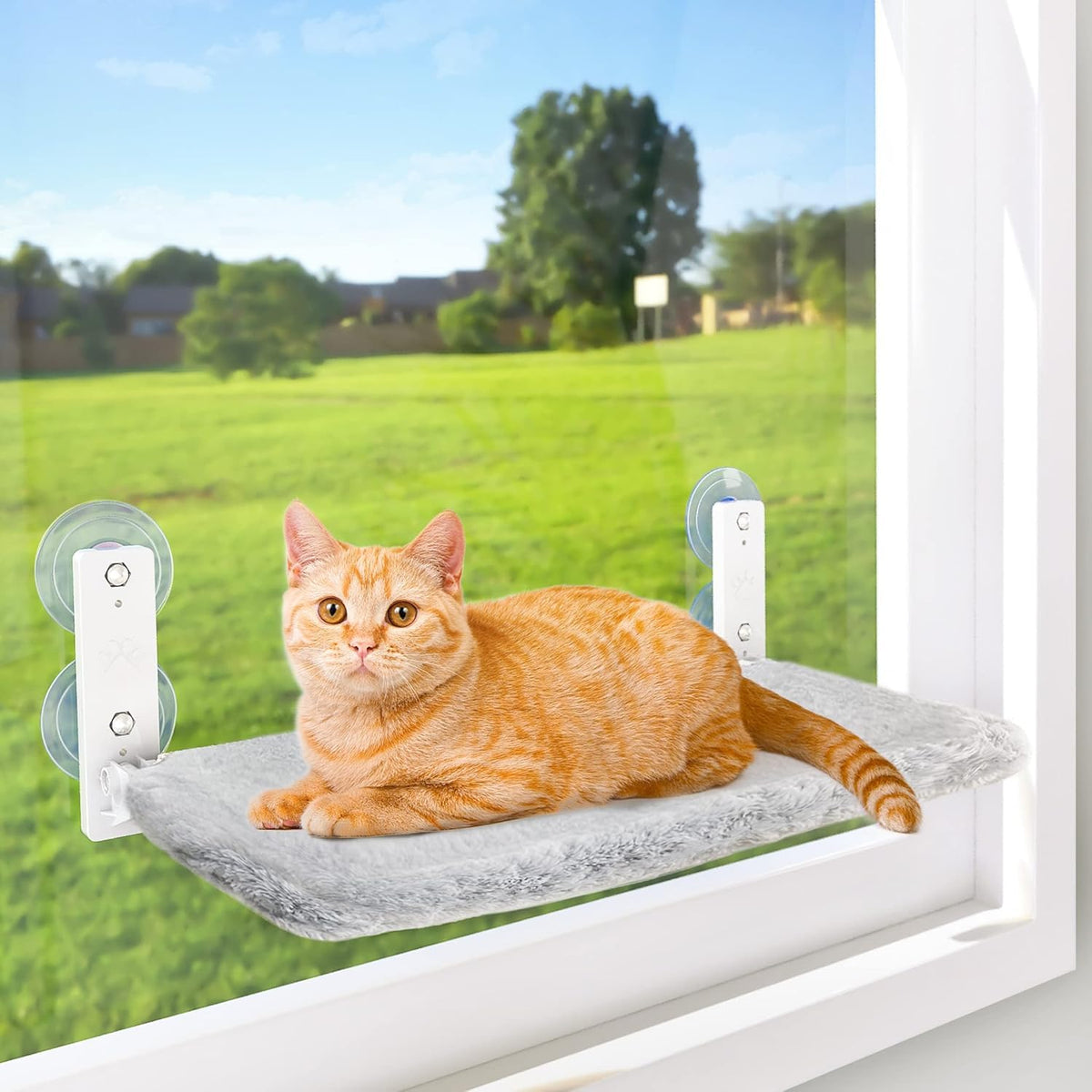 AMOSIJOY Cordless Cat Window Perch with Cushion Bed Metal Frame, L White