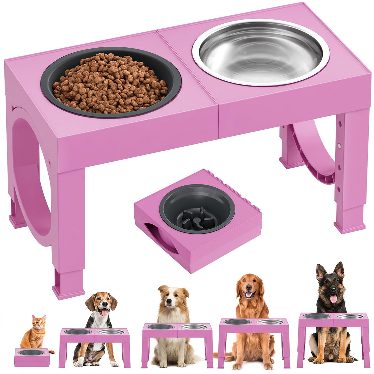 XIAZ Elevated Dog Bowls Large Breed Raised Dogs Bowl Stand Large/Medium Sized Dog Stainless Steel Food Water Bowl Stands 5 Heights Adjustable 9/11/12/14in Black Pet Feeder Dish Station