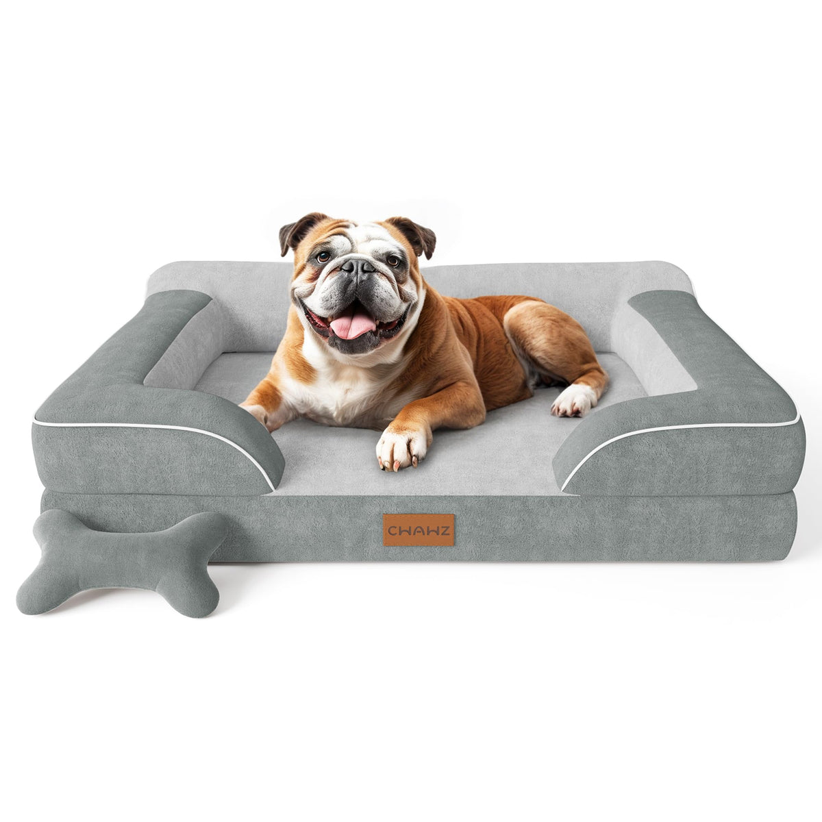 CWAWZ Extra Large Dog Bed, Orthopedic Dog Bed with Cooling Gel Memory Foam, Waterproof XL Pet Bed with Removable Washable Cover, 42" Pet Sofa Couch Dutch Velvet with Bone Toy, Light Gray