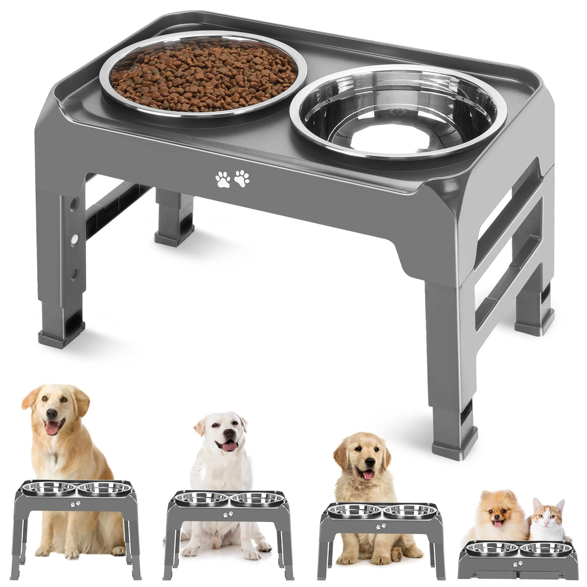 COMESOON Elevated Dog Bowls for Small Medium Dogs, 3 Height Adjustable Raised Stand with 2 Thick 6" Stainless Steel Food Bowls, Non-Slip Feeder Adjusts to 2.75", 6", 7.5", Black