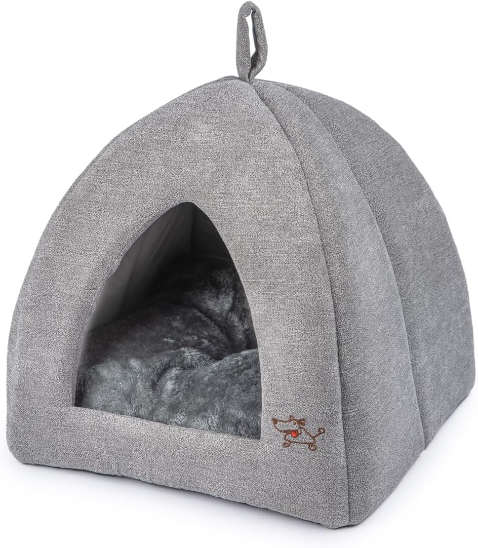 Best Pet Supplies Cat Bed for Indoor Cat, Domed Tent House with Removable Pillow, Covered Cat Cave for Small Dog, Puppies and All Breeds of Cats - Silver w/ Bones, 16 x 16 x H:14"