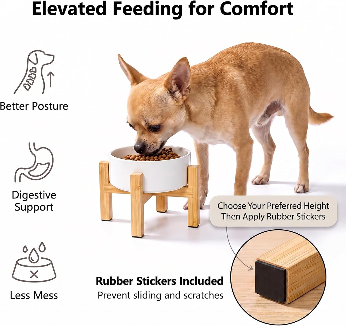 Cat Water Bowl - Elevated Cat Bowls | Ceramic Raised Cat Bowl with Adjustable Bamboo Stand | Anti Vomiting Cat Food Bowl for Indoor Cats, Kittens & Small Dogs | Dishwasher Safe | 5.1" Cat Dish| White