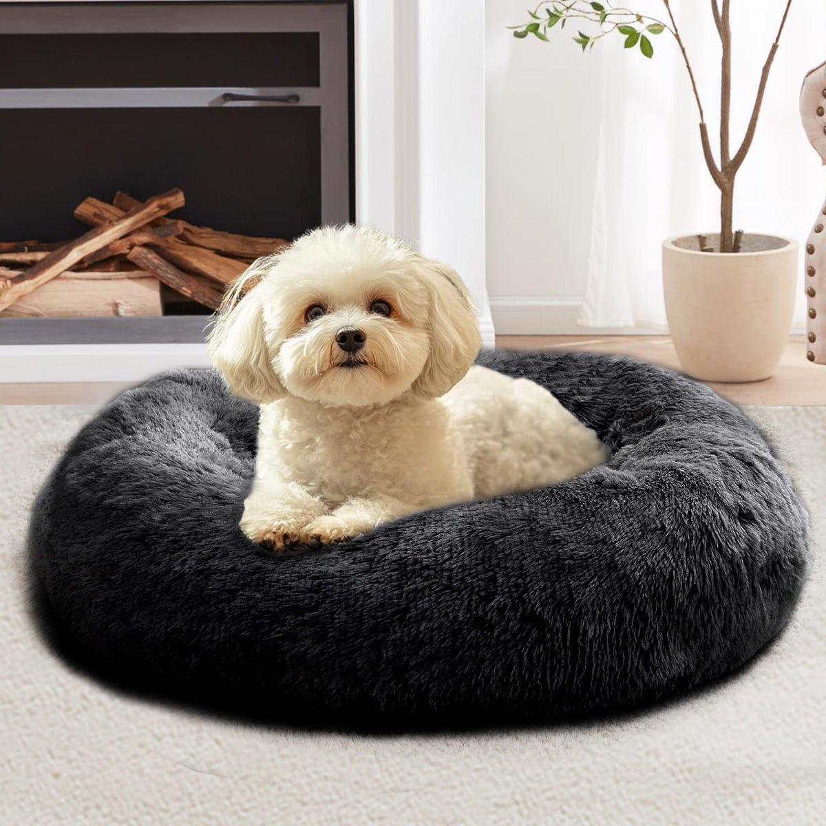 JOLLYVOGUE Small Dog Bed, Calming Dog Beds for Small Dogs & Indoor Cats - 20 Inches Donut Washable Cat Bed for Kittens & Puppies, Round Fluffy Plush Faux Fur Pet Beds(Smoke Grey)