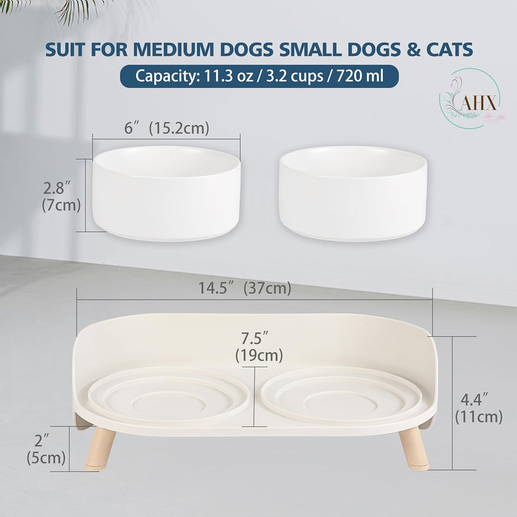 Elevated Ceramic Dog Bowl Set - Double Dog Feeding Bowls with Stand Splash Proof - Raised Dishes for Food and Water - Ideal for Small to Medium Dogs - 2 x 720 ml - 11.3 oz - White