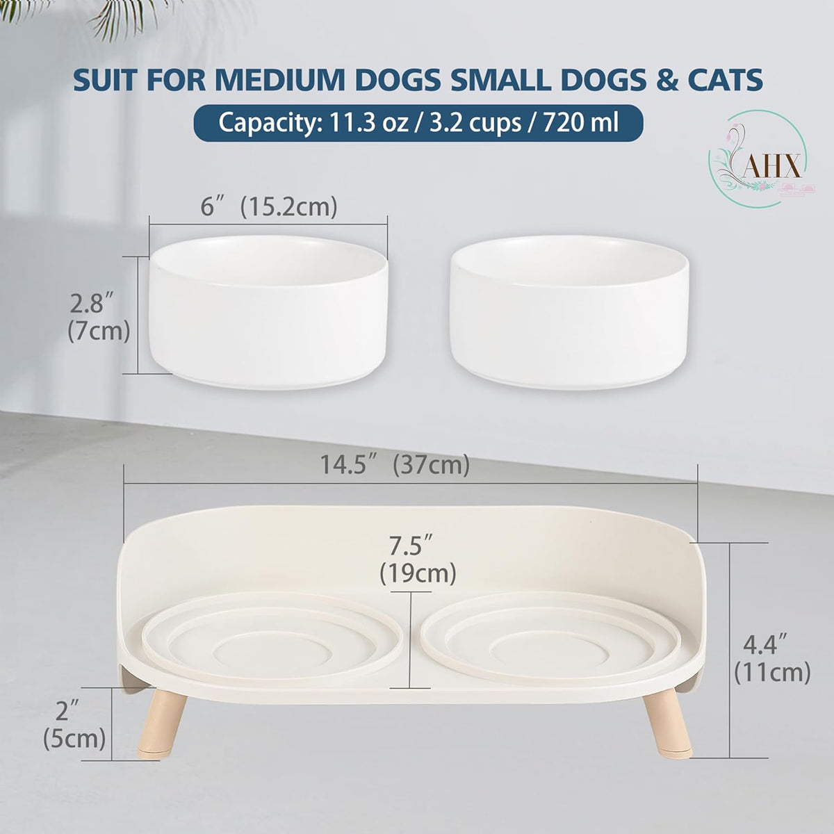 Elevated Ceramic Dog Bowl Set - Double Dog Feeding Bowls with Stand Splash Proof - Raised Dishes for Food and Water - Ideal for Small to Medium Dogs - 2 x 720 ml - 11.3 oz - White