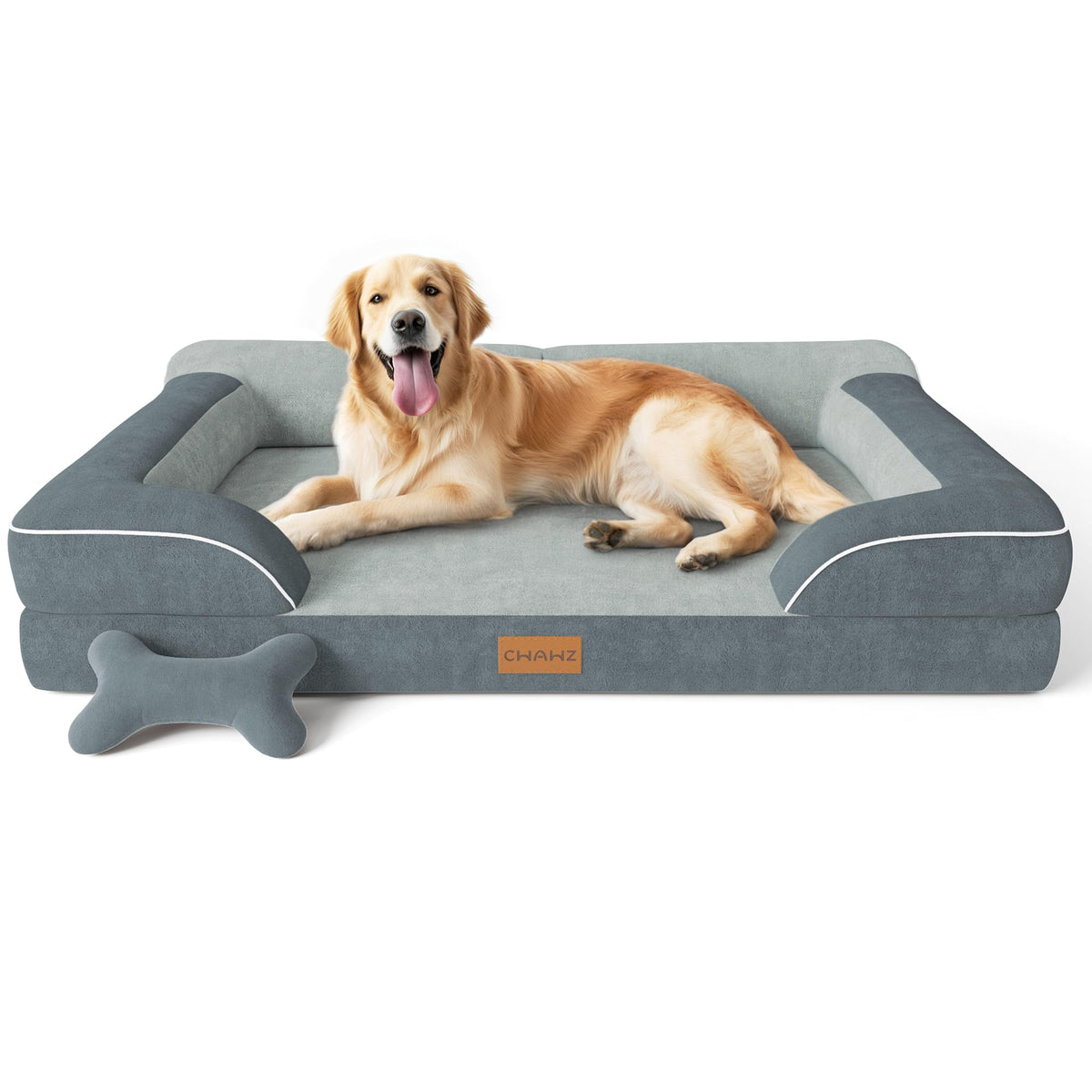 CWAWZ Extra Large Dog Bed, Orthopedic Dog Bed with Cooling Gel Memory Foam, Waterproof XL Pet Bed with Removable Washable Cover, 42" Pet Sofa Couch Dutch Velvet with Bone Toy, Light Gray