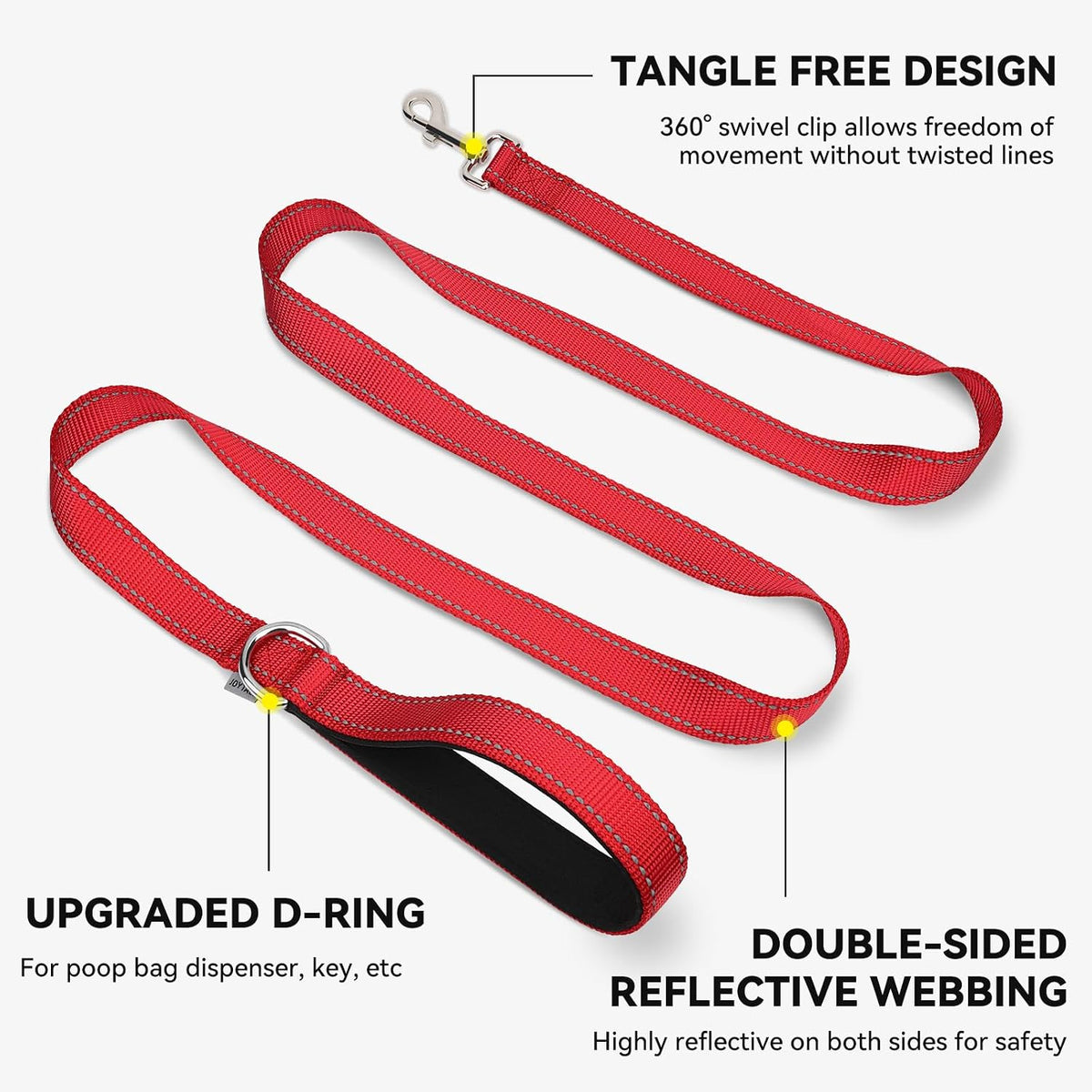 Joytale Reflective Dog Leash for Medium & Large Dogs, 6 FT x 1", Red