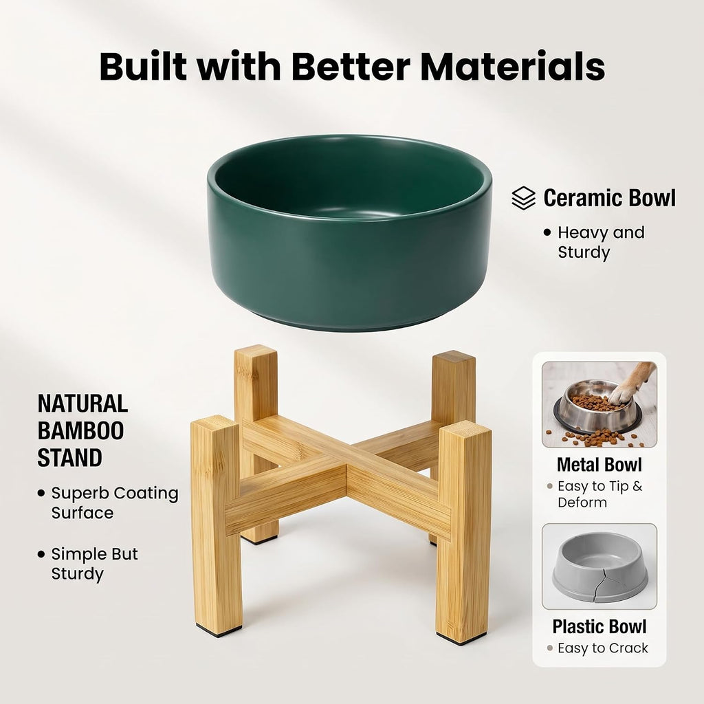 Cat Water Bowl - Elevated Cat Bowls | Ceramic Raised Cat Bowl with Adjustable Bamboo Stand | Anti Vomiting Cat Food Bowl for Indoor Cats, Kittens & Small Dogs | Dishwasher Safe | 5.1" Cat Dish| White