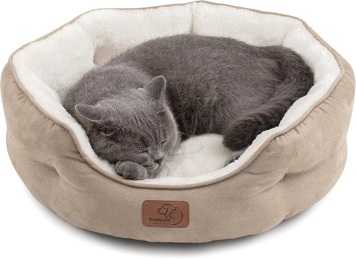 Bedsure Small Dog Bed Washable,Round Cat Beds for Indoor Cats,20in Ivory