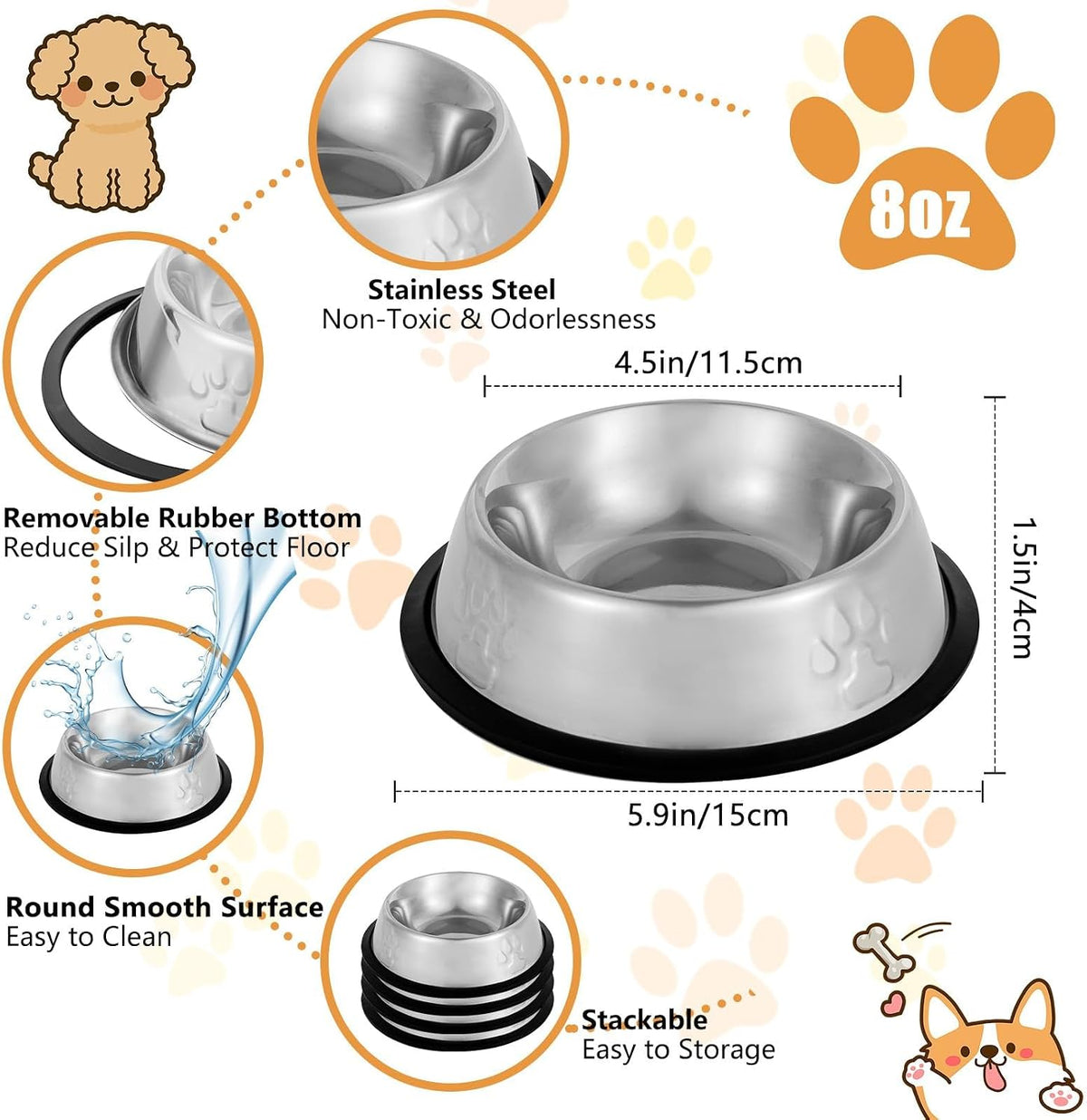 Stainless Steel Cat Bowl, 4 Pack Metal Dog Bowls for Food and Water, Non-Slip Pet Feeding Dish Bowl with Rubber Base for Indoor Cats Small Dogs