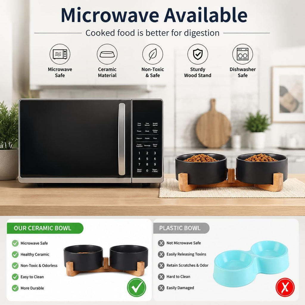 Petygooing Ceramic Dog Cat Bowls Set with Stand,Black Pet Food and Water Bowl,Small Dog Bowls Cute Modern Anti Slip Set of 2 Pet Feeder Small Size Pet Dish(13.5OZ/5.1 in)