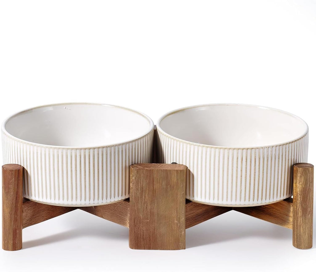 Getstar Ceramic Dog Bowls Set with Acacia Wood Stand, 3.5 Cups Pet Bowls Set of 2 for Medium Dogs, Cute Dog Raised Food Bowl, Cat Bowls