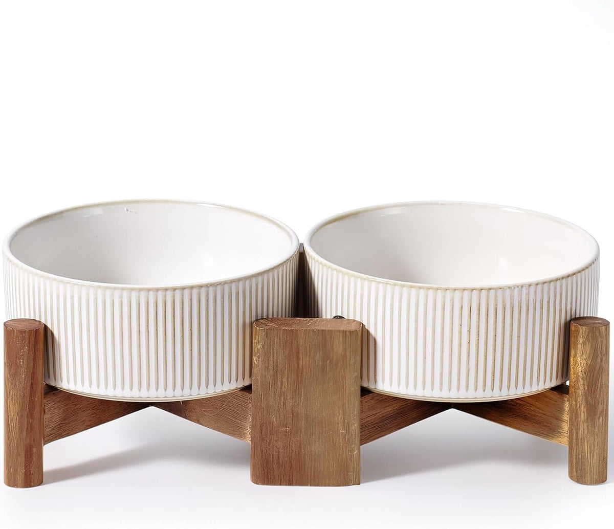 Getstar Ceramic Dog Bowls Set with Acacia Wood Stand, 3.5 Cups Pet Bowls Set of 2 for Medium Dogs, Cute Dog Raised Food Bowl, Cat Bowls