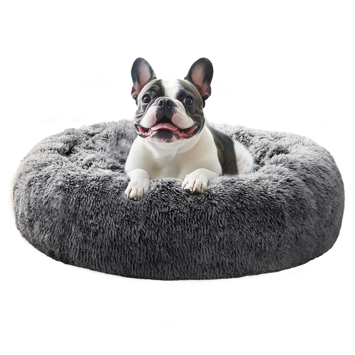 JOLLYVOGUE Small Dog Bed, Calming Dog Beds for Small Dogs & Indoor Cats - 20 Inches Donut Washable Cat Bed for Kittens & Puppies, Round Fluffy Plush Faux Fur Pet Beds(Smoke Grey)