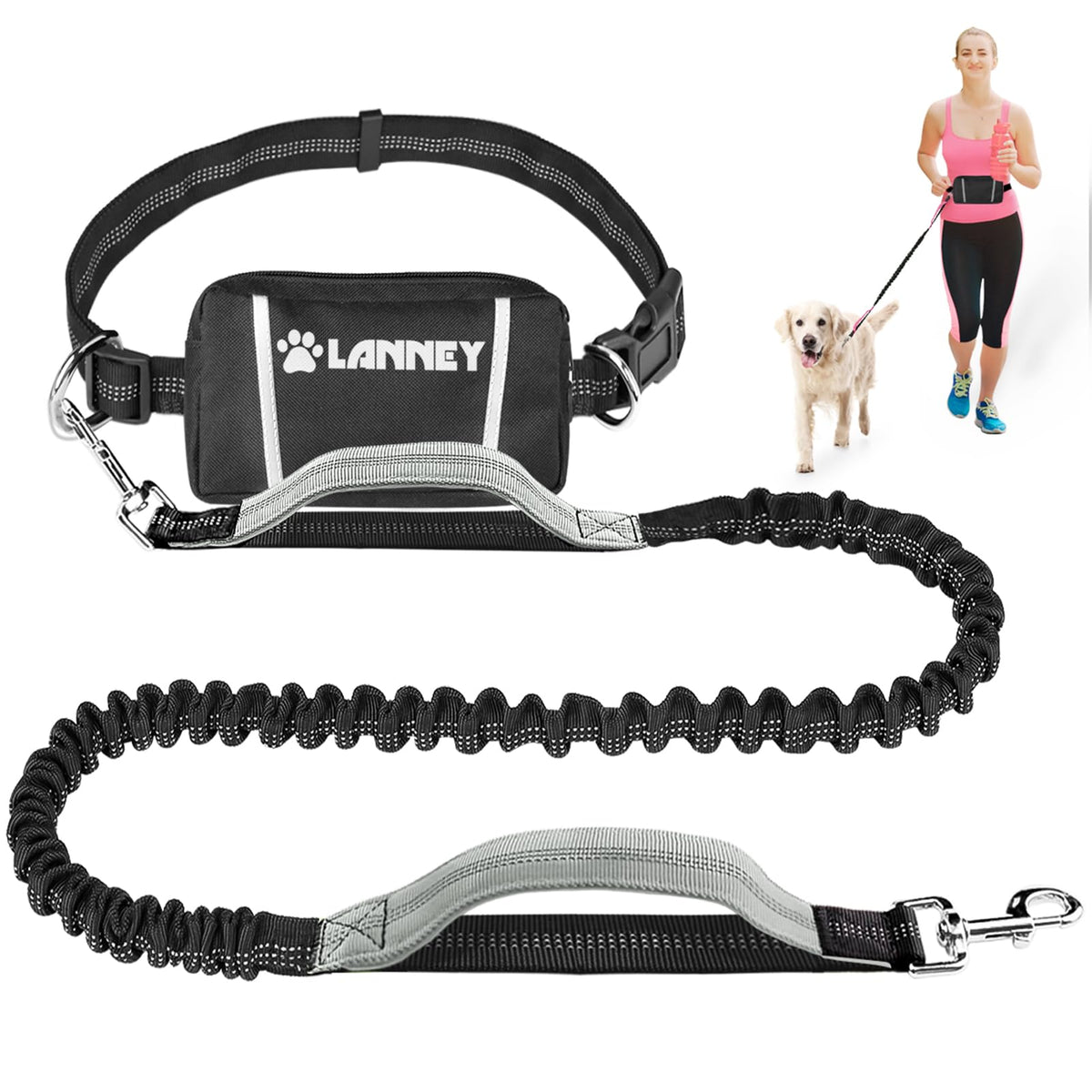 Hands Free Dog Leash, Waist Running Leash with Zipper, Walking Pouch for Medium Large Dogs, Dual Handle and Retractable Bungee for Training Jogging Hiking