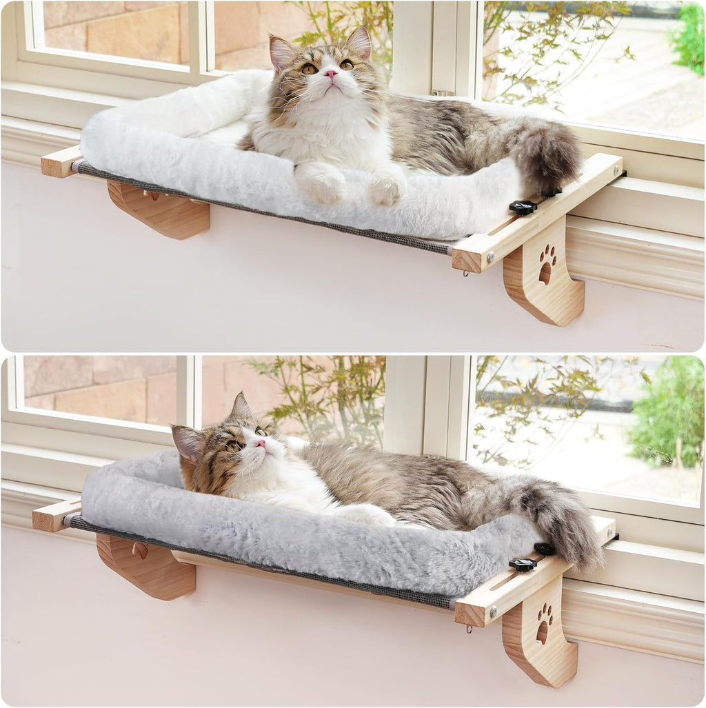 AMOSIJOY Wooden Cat Windowsill Perch with Zipper Cushion Bed, 24.4in