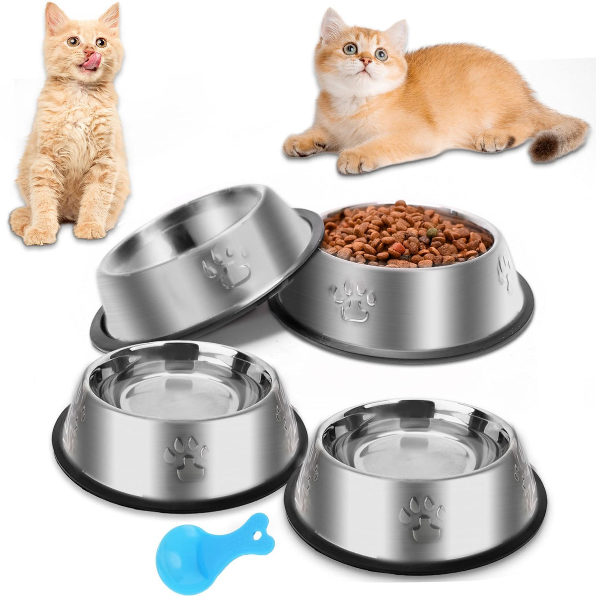 Stainless Steel Cat Bowl, 4 Pack Metal Dog Bowls for Food and Water, Non-Slip Pet Feeding Dish Bowl with Rubber Base for Indoor Cats Small Dogs