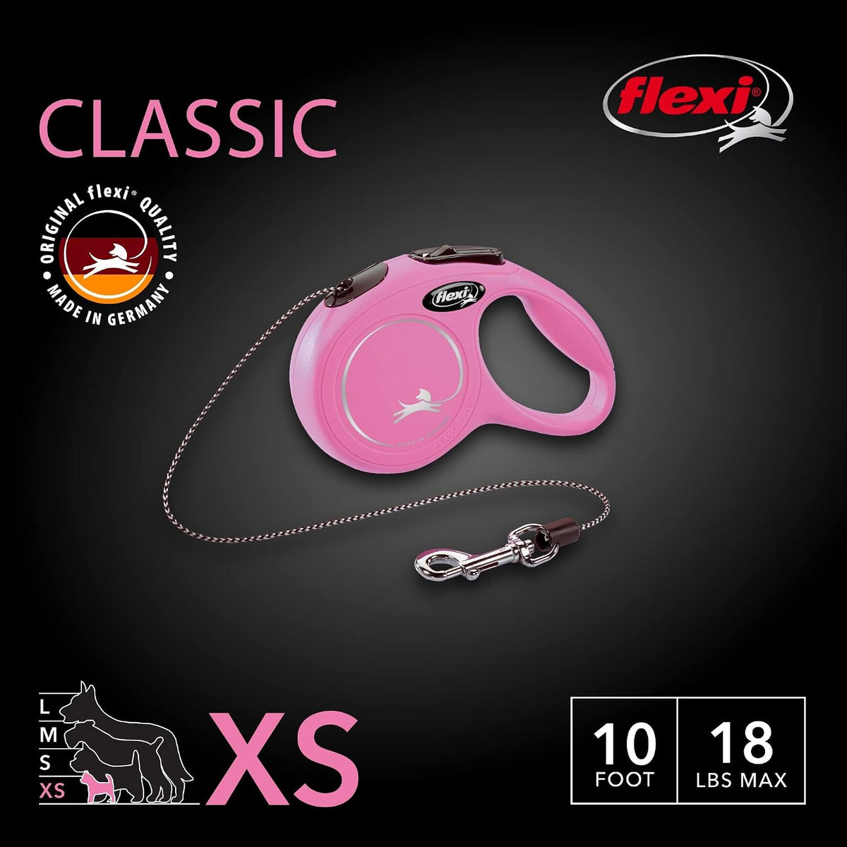 FLEXI® Classic XS Cord Retractable Dog Leash, 3-Finger Grip, 10 ft - Pink