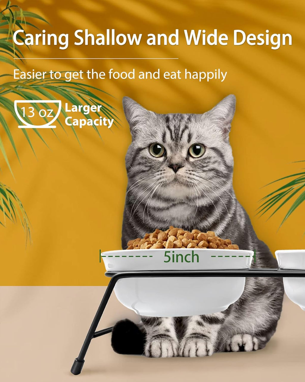 Anti-Vomiting Raised Cat Bowls - 2 × 13 oz Ceramic Cat Food & Water Bowls with Non-Slip Stainless Steel Stand, Dishwasher Safe for Indoor Cats