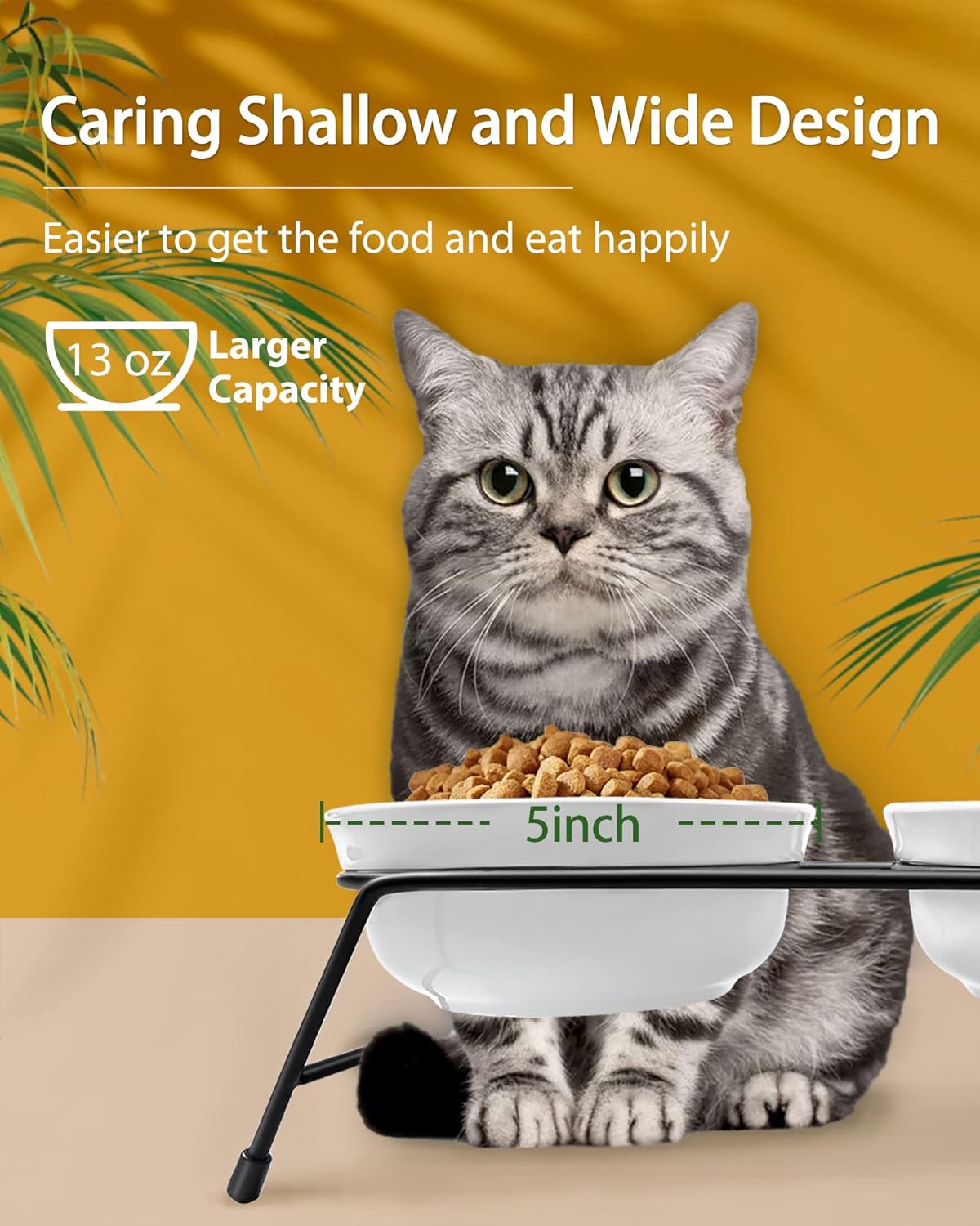Anti-Vomiting Raised Cat Bowls - 2 × 13 oz Ceramic Cat Food & Water Bowls with Non-Slip Stainless Steel Stand, Dishwasher Safe for Indoor Cats