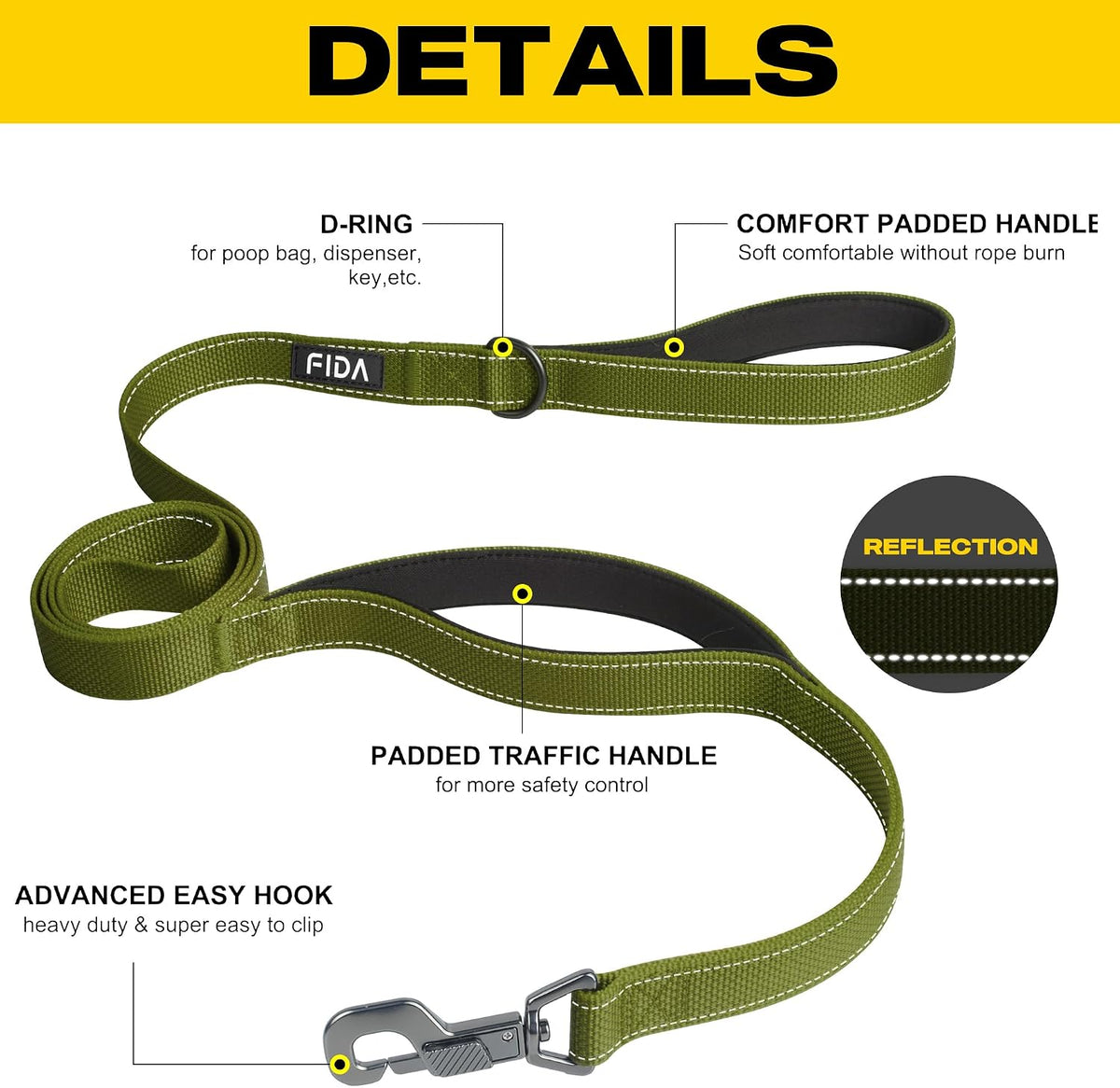 Fida Heavy Duty Dog Leash for Medium Large Dogs, 4 FT, Dual Padded Handles