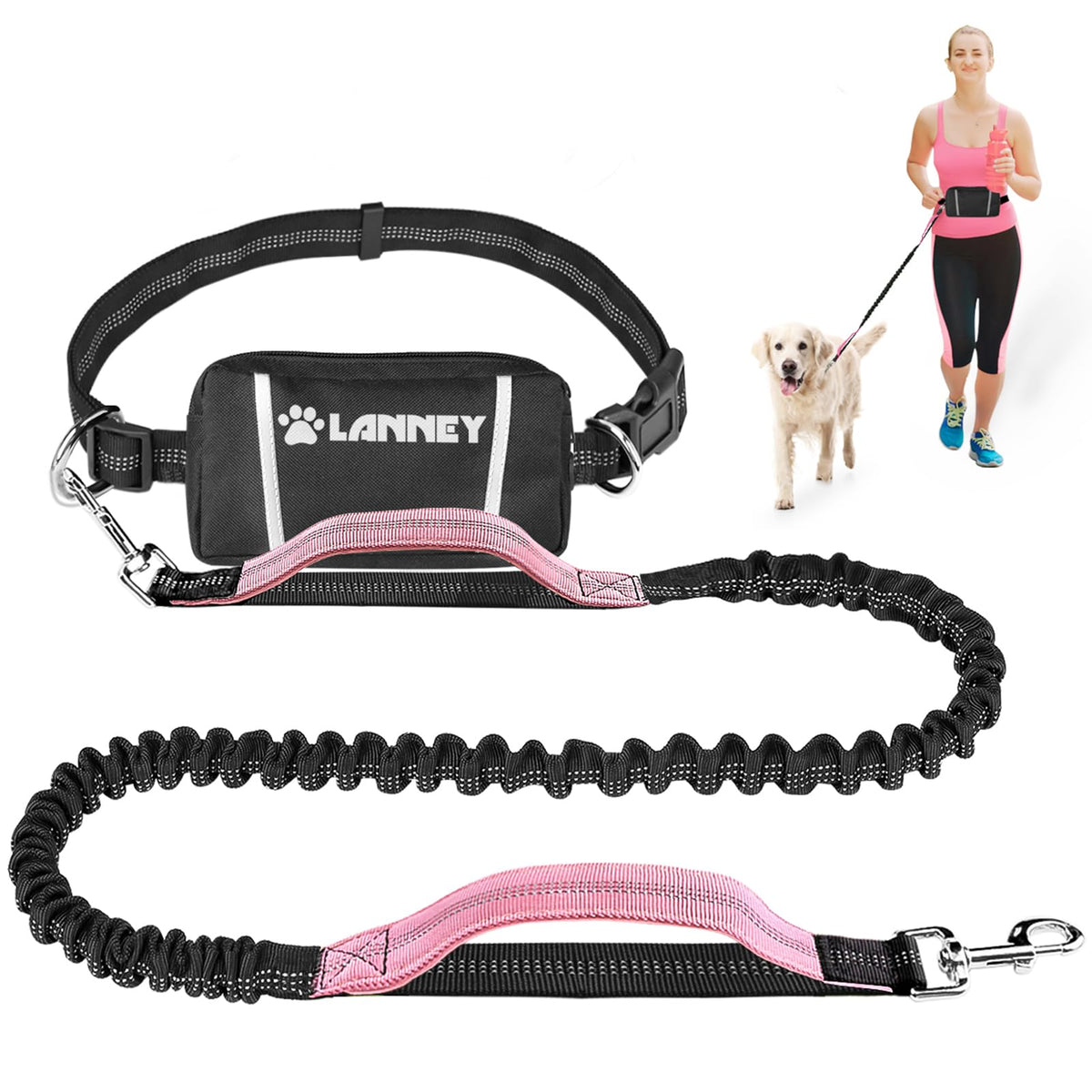 Hands Free Dog Leash, Waist Running Leash with Zipper, Walking Pouch for Medium Large Dogs, Dual Handle and Retractable Bungee for Training Jogging Hiking