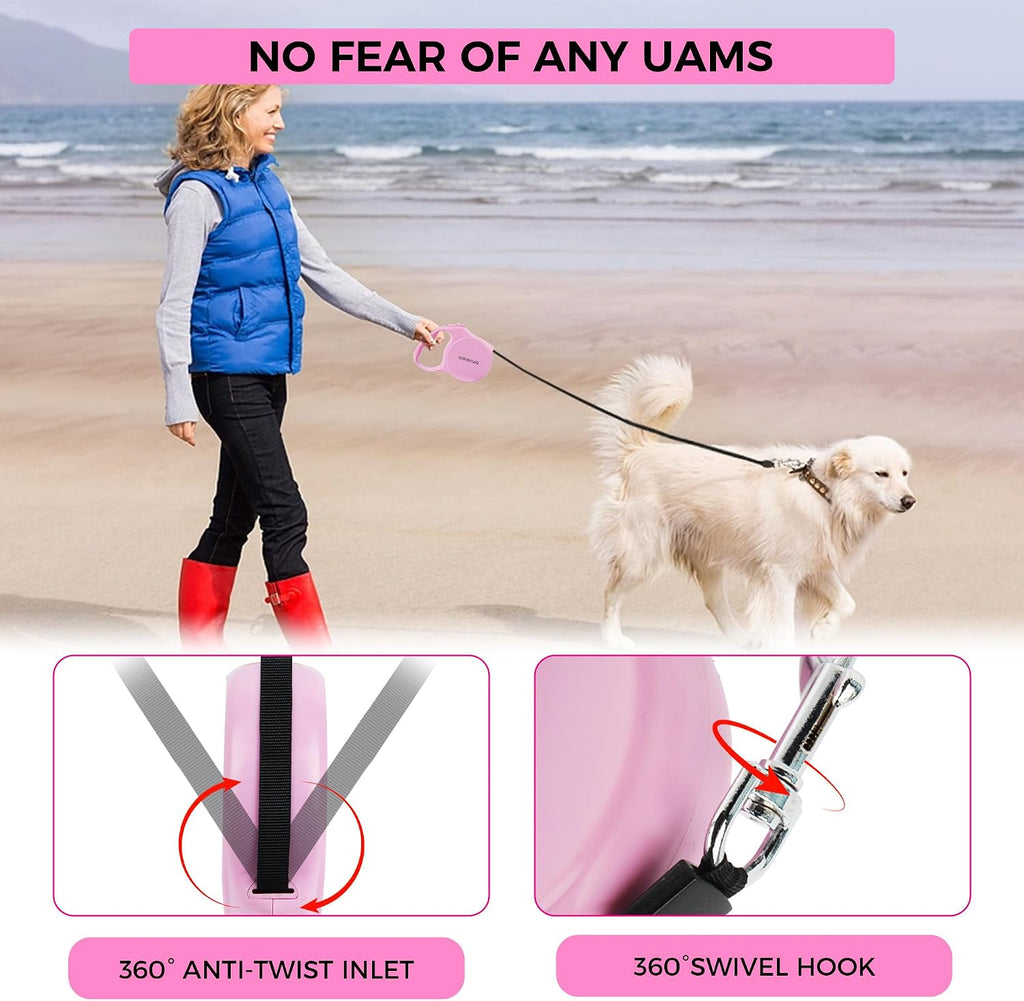 Pink Retractable Dog Leash,Strong Nylon Tape-One-Handed One Button Lock for Puppy, Cat, Pet Walking and Training,16ft Dog Walking Leash with 360°Tangle-Free Design,Anti-Slip Handle (Pink -Small)