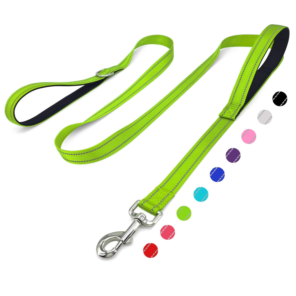 6 FT Black Nylon Reflective Dog Leash for Large Dogs with 2 Padded Handle